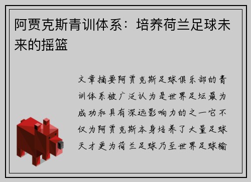阿贾克斯青训体系：培养荷兰足球未来的摇篮
